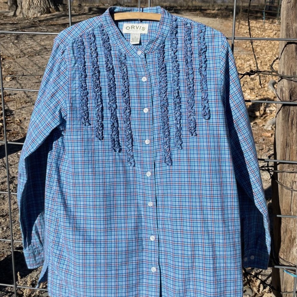 Orvis Women's Blue Cotton Button Down Plaid  Blouse with Ruffles Medium